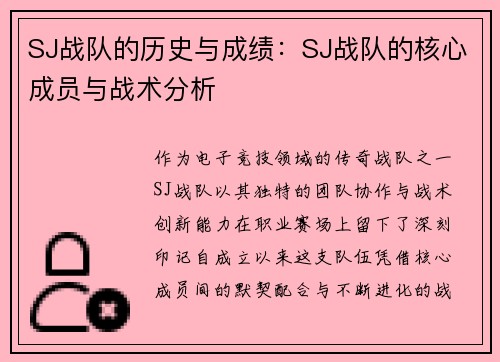 SJ战队的历史与成绩：SJ战队的核心成员与战术分析