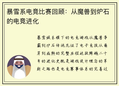 暴雪系电竞比赛回顾：从魔兽到炉石的电竞进化