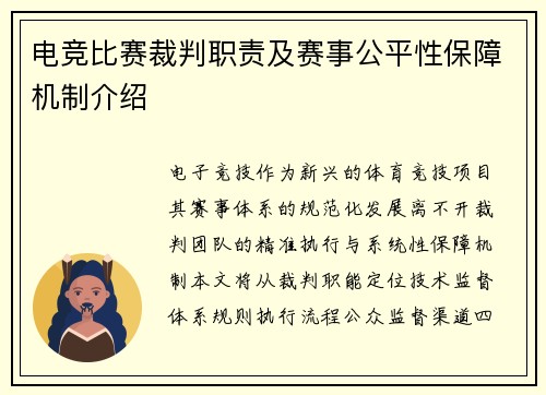 电竞比赛裁判职责及赛事公平性保障机制介绍